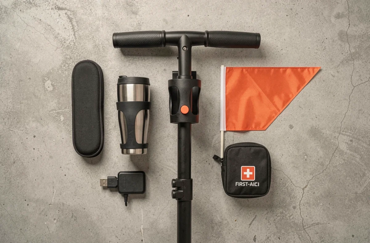 Vue à plat des accessoires indispensables pour scooter électrique PMR : coussin, porte-gobelet, drapeau de sécurité et support de charge