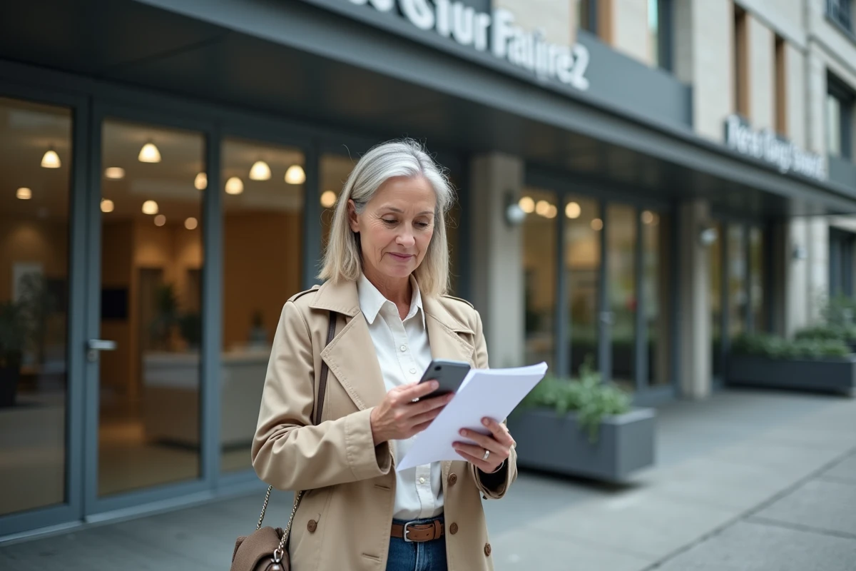 Investisseuse immobilière consultant des documents d'achat devant la façade d'une résidence EHPAD en centre-ville