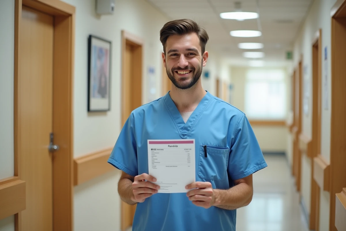 Agent hospitalier souriant avec fiche de paie dans un couloir lumineux