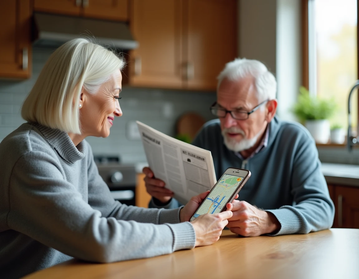 Femme aidante familiale vérifiant la localisation GPS d'un proche âgé atteint d'Alzheimer sur son smartphone