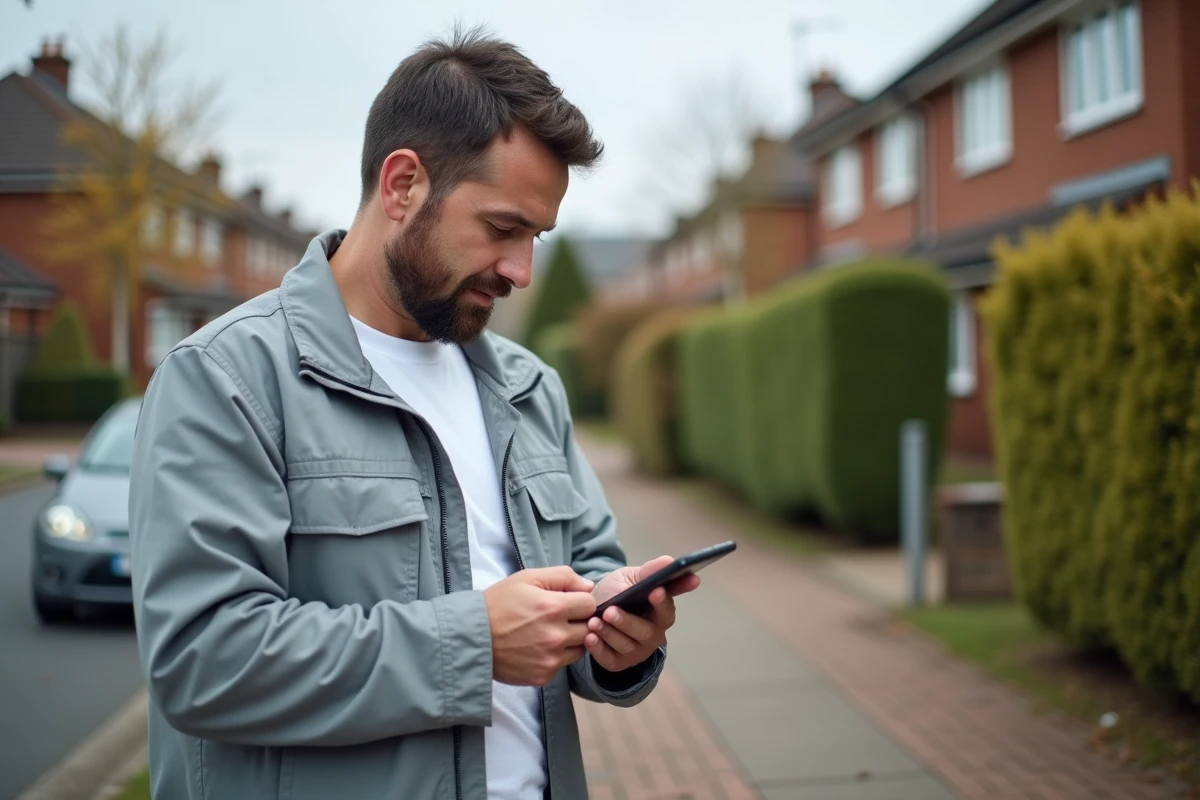 Aide à domicile consultant son application de gestion de tournées sur smartphone devant le domicile d'un patient