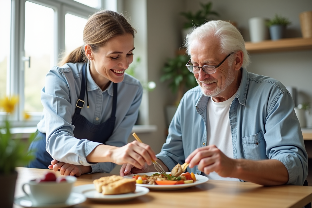 Aide aidant aidant un homme agee à préparer un repas équilibré