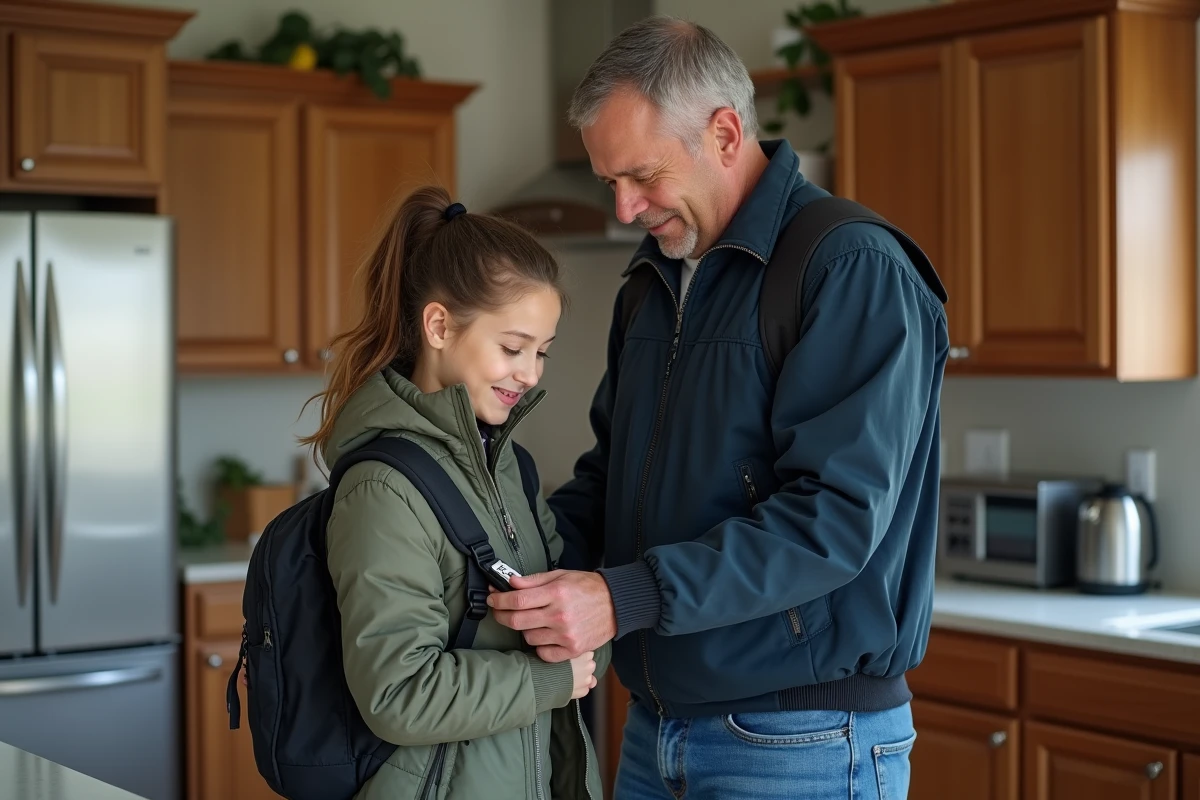 Homme aidant une jeune femme à fixer un GPS sur son sac
