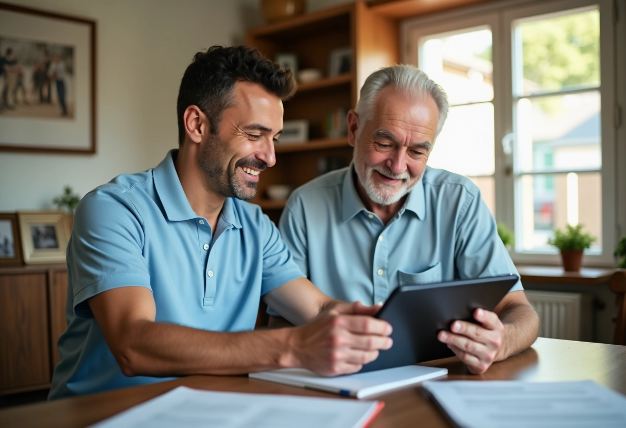 Jeune aidant avec un homme âgé utilisant une tablette