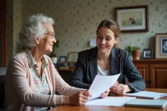 Femme âgée avec assistante sociale dans un bureau chaleureux