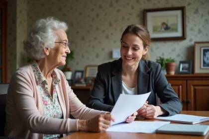 Femme âgée avec assistante sociale dans un bureau chaleureux