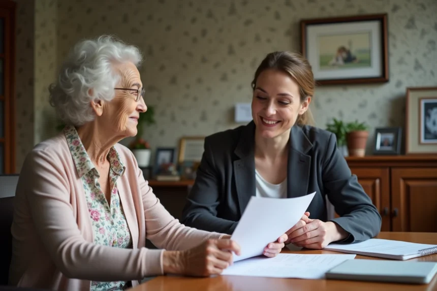 Femme âgée avec assistante sociale dans un bureau chaleureux