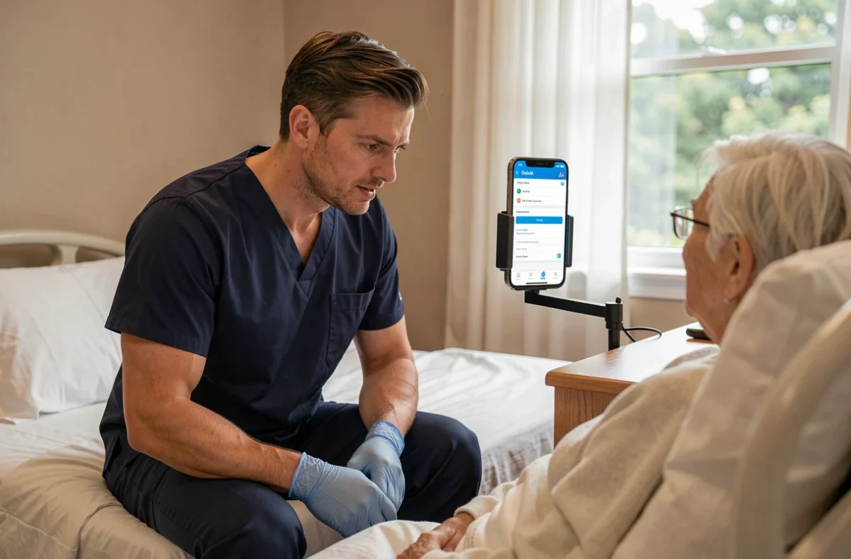 Aide-soignant utilisant un smartphone pour accéder au dossier de soin numérique d'un patient en chambre