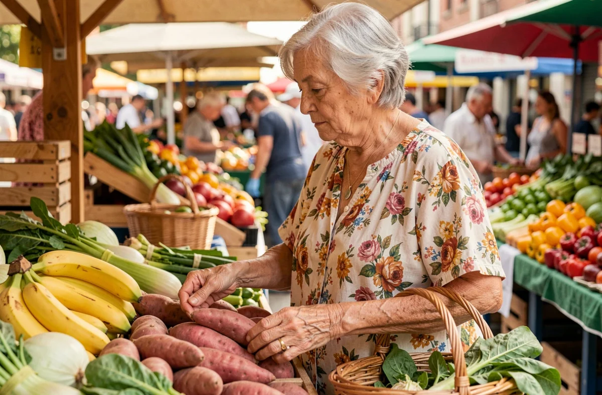Femme âgée choisissant des aliments riches en potassium comme les bananes et les légumes verts au marché