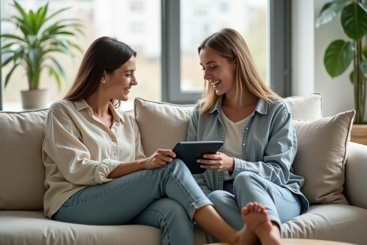 Deux amies consultant et personnalisant un profil de rencontre en ligne sur une tablette dans un salon moderne