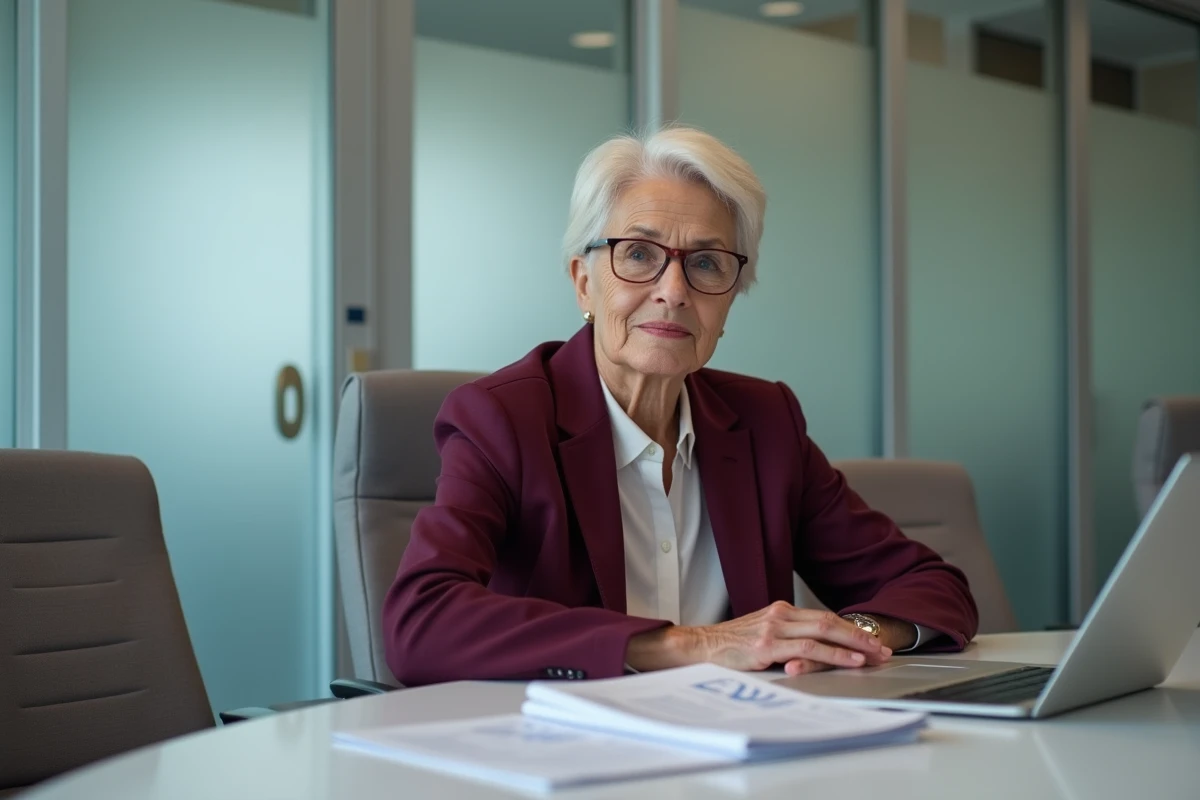 Femme politique senior analysant des documents relatifs aux règles de retraite dans une salle de réunion ministérielle moderne