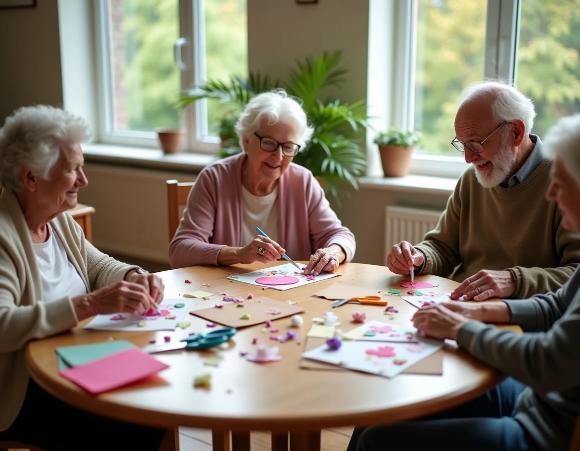 Groupe de personnes âgées participant à un atelier de collage créatif dans une résidence senior