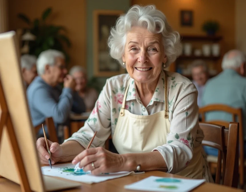 Femme âgée peignant à l'aquarelle dans un atelier de loisirs créatifs en maison de retraite