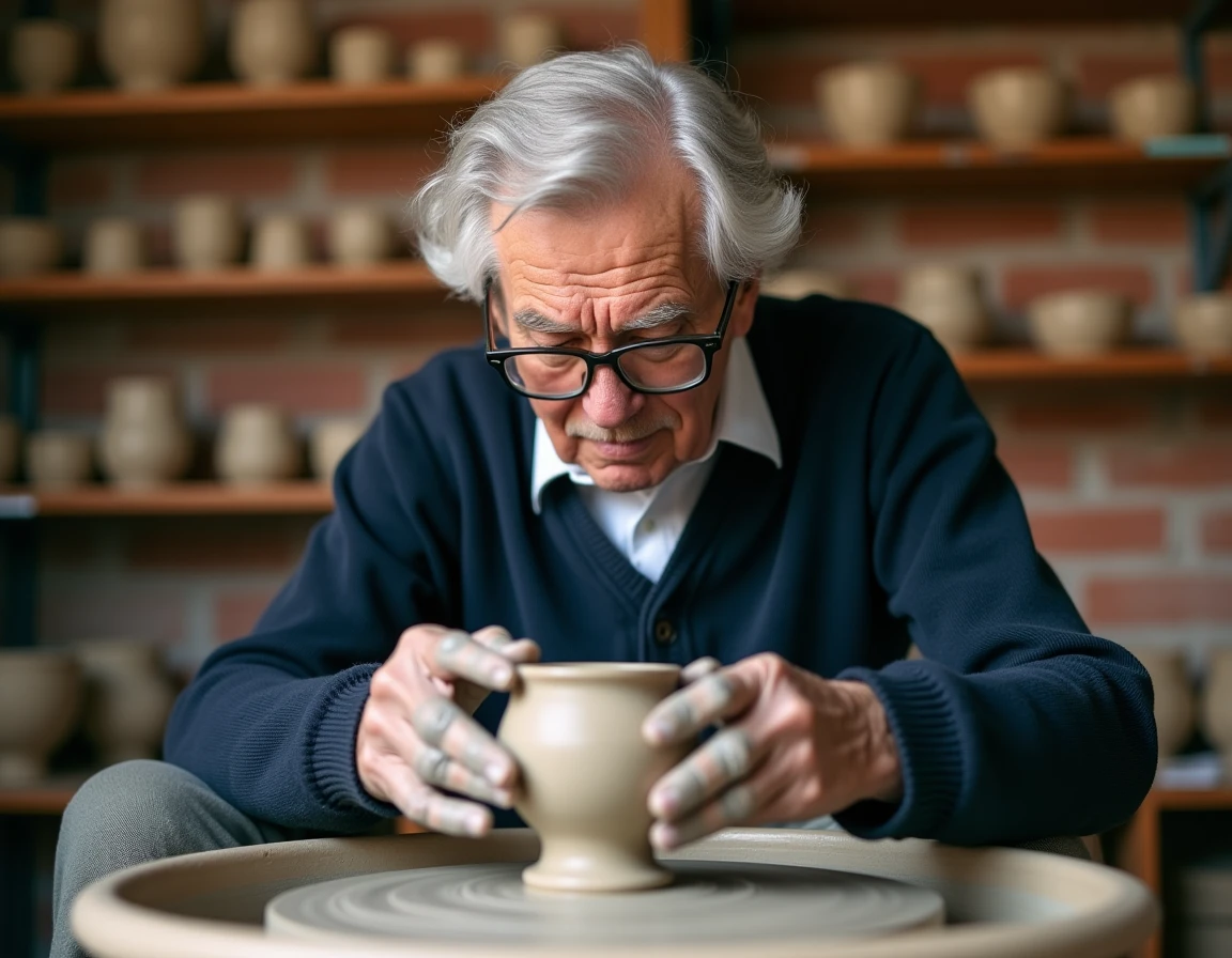 Homme âgé façonnant de l'argile lors d'un atelier de poterie thérapeutique pour seniors