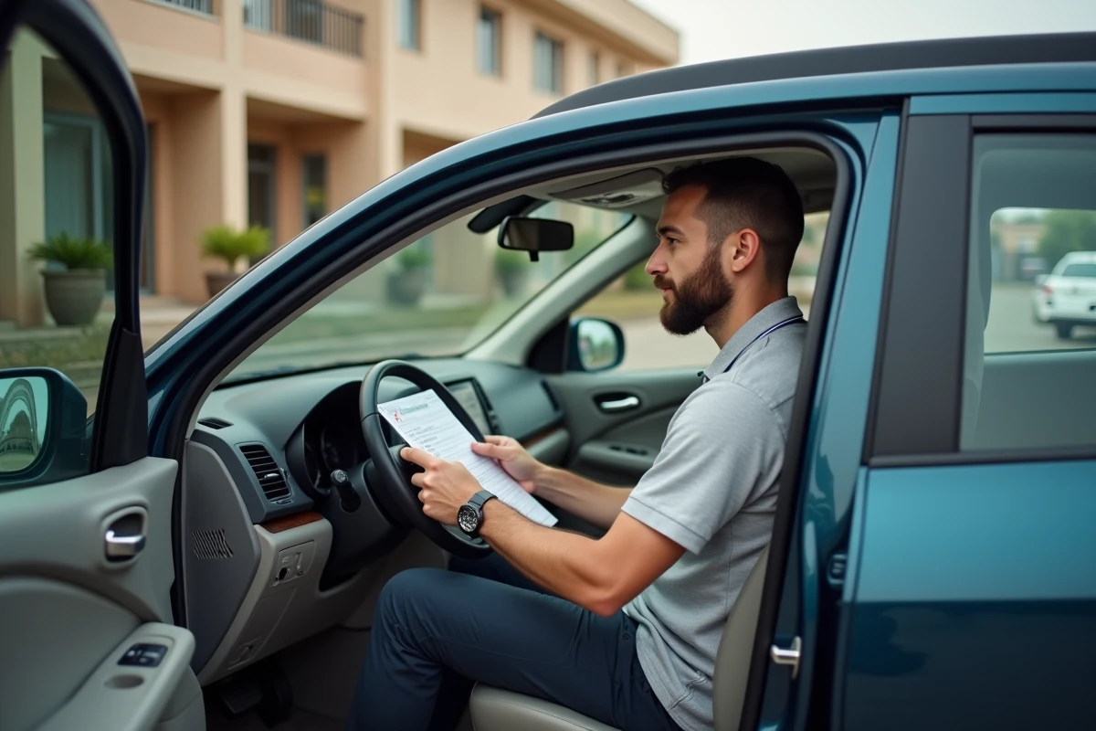Auxiliaire de vie homme assis dans sa voiture consultant son planning de visites à domicile