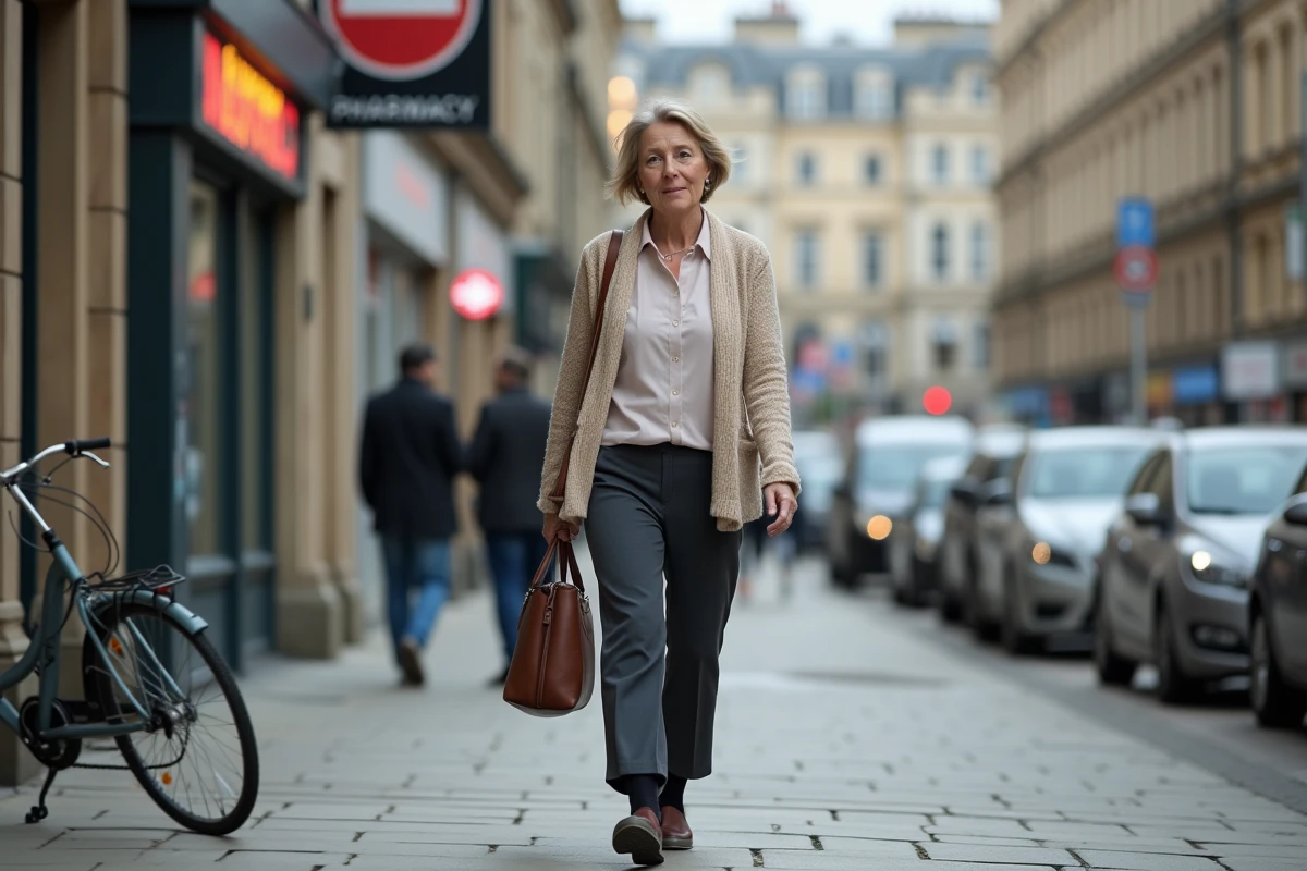 Auxiliaire de vie à pied dans la rue en ville avec son sac de travail, illustrant le déplacement sans voiture
