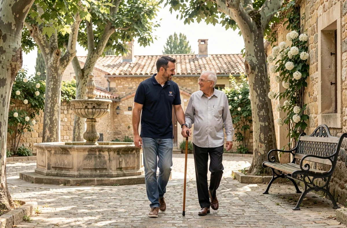 Auxiliaire de vie accompagnant un senior en promenade dans une cour de village provençal avec fontaine en pierre