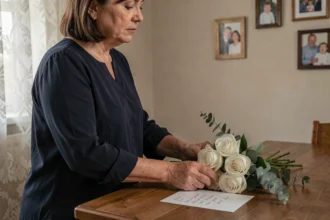 Femme posant un bouquet de roses blanches et une carte de condoléances sur une table en bois lors d'un hommage funèbre