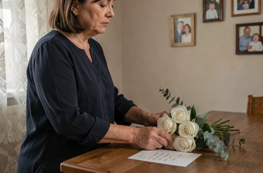 Femme posant un bouquet de roses blanches et une carte de condoléances sur une table en bois lors d'un hommage funèbre