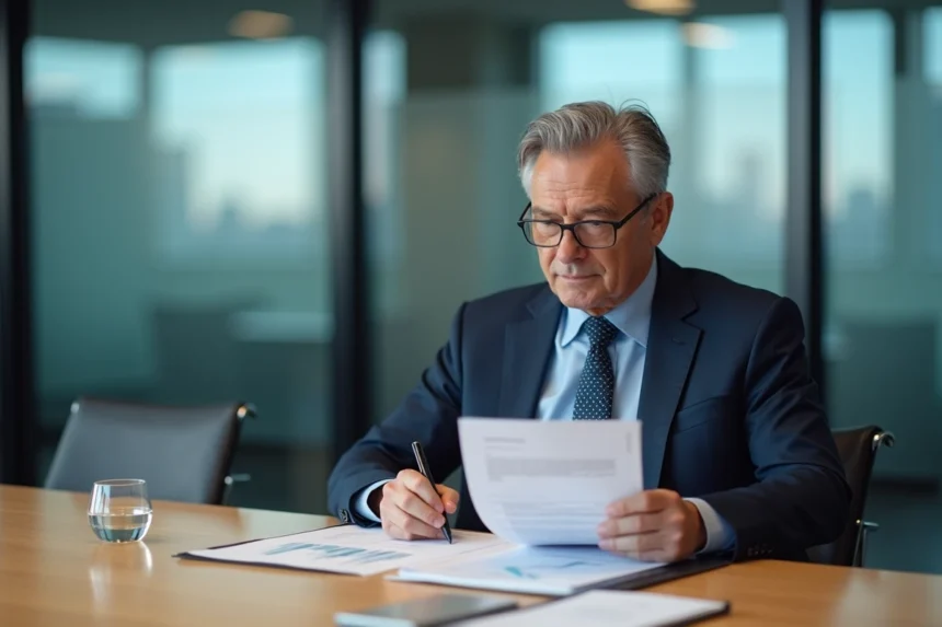 Cadre senior consultant analysant des documents stratégiques dans une salle de réunion moderne en entreprise