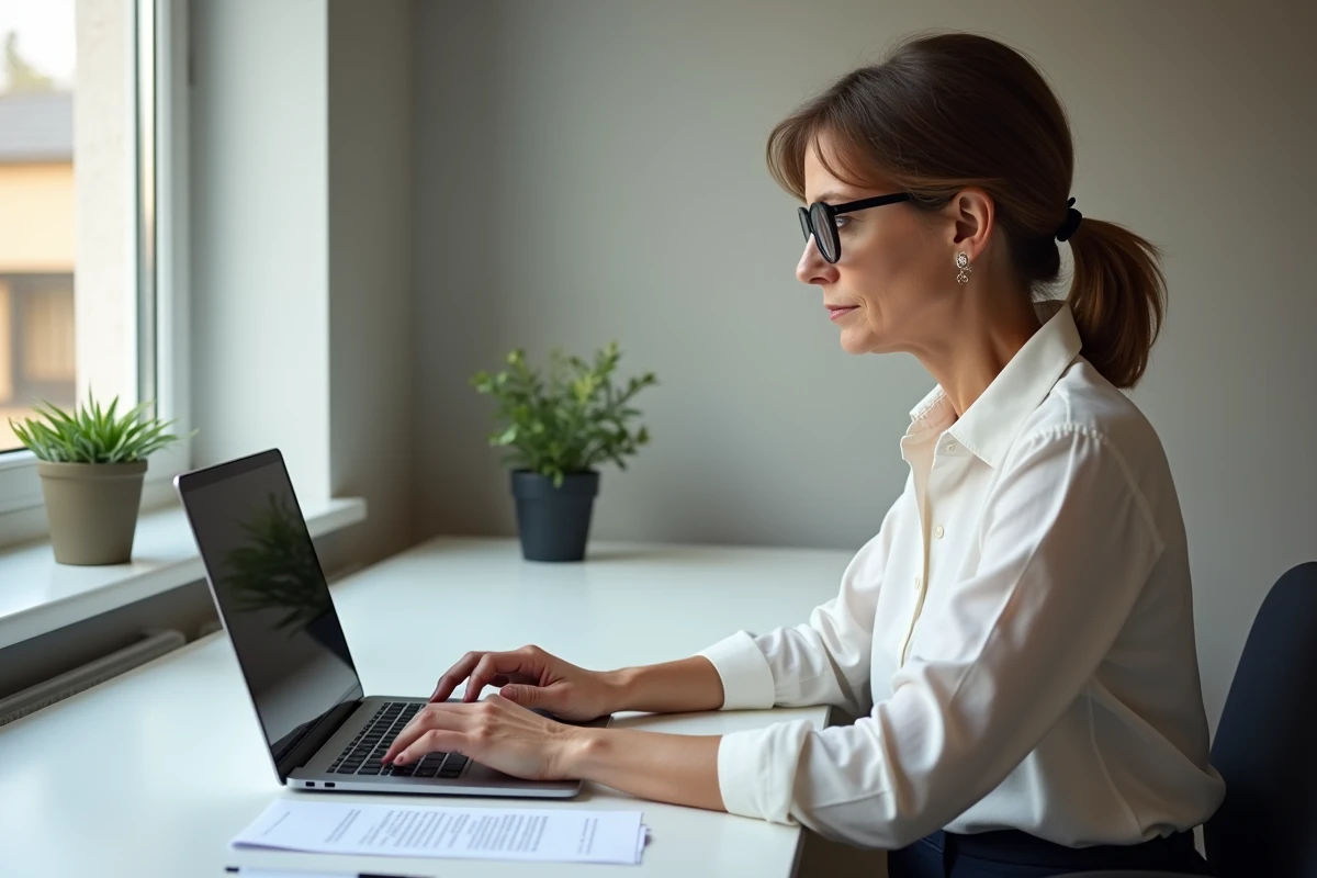 Femme fonctionnaire calculant sa pension de réversion en ligne sur un ordinateur portable depuis son bureau à domicile
