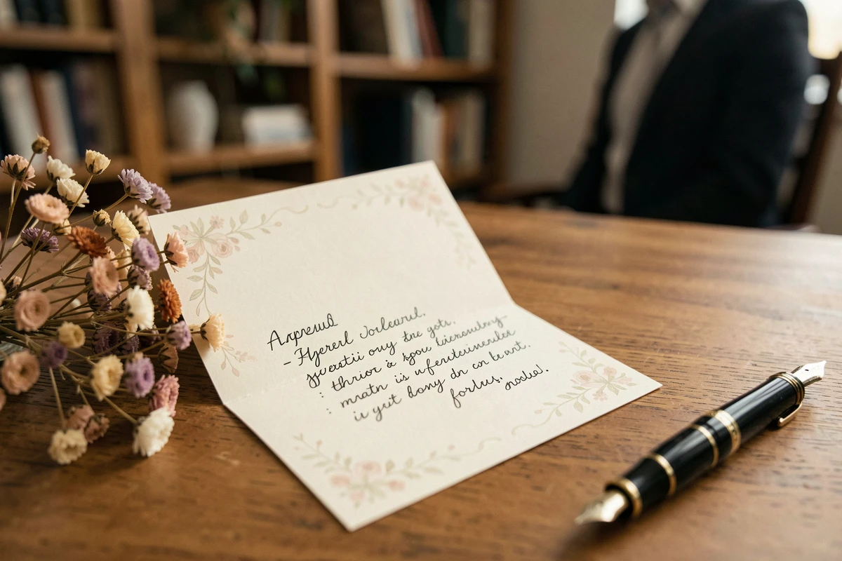 Gros plan sur une carte de départ à la retraite manuscrite posée sur un bureau en bois avec des fleurs séchées