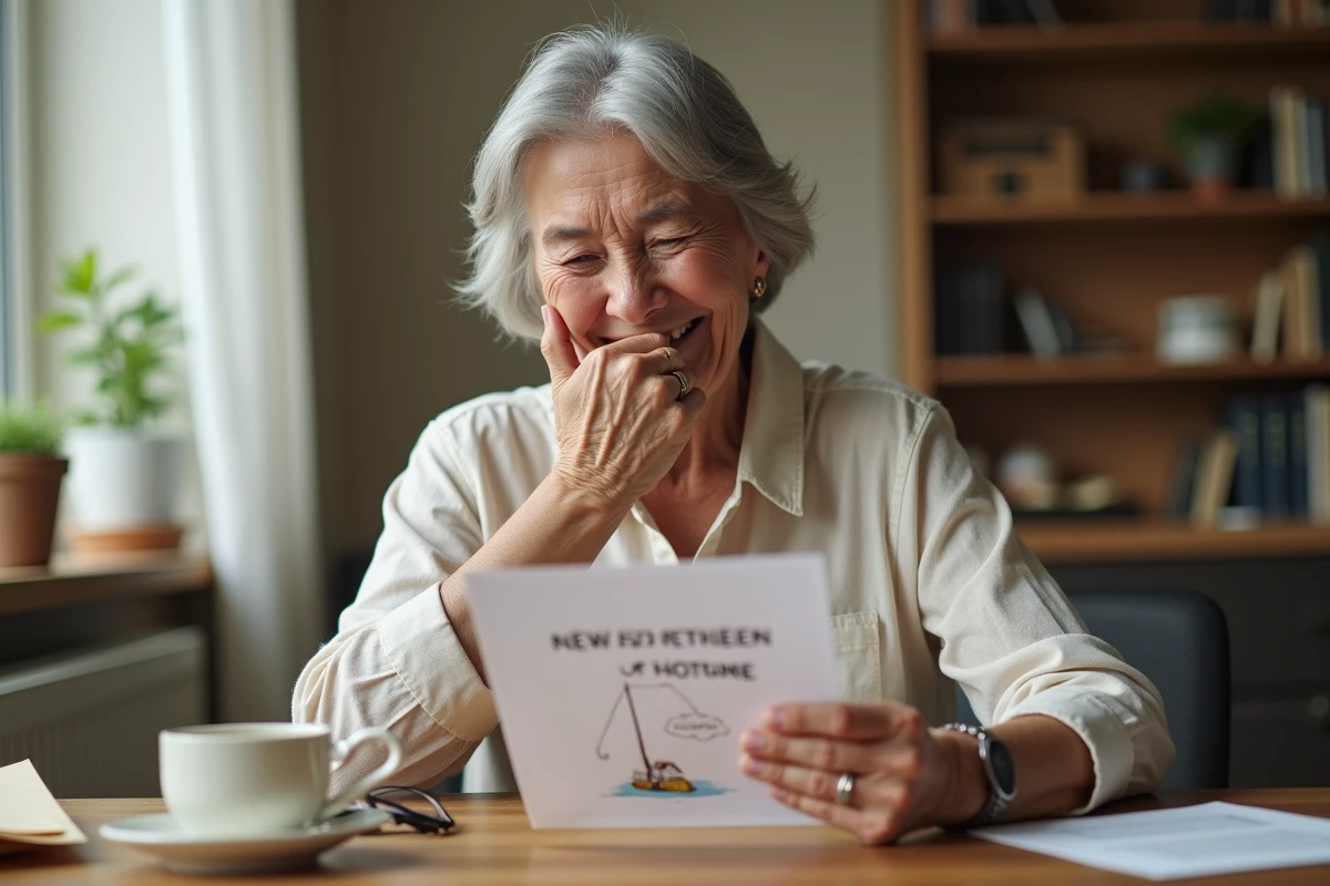 Femme de 60 ans riant en lisant une carte de retraite humoristique à sa table de cuisine