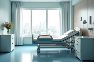Salle d'hôpital moderne avec lit médical ajustable et lumière naturelle