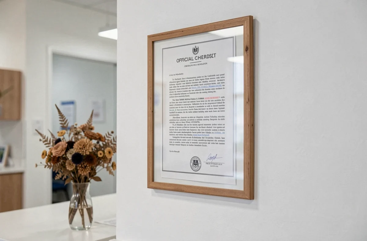 Charte de la personne âgée encadrée et affichée à l'entrée d'un service d'accueil en établissement de soins