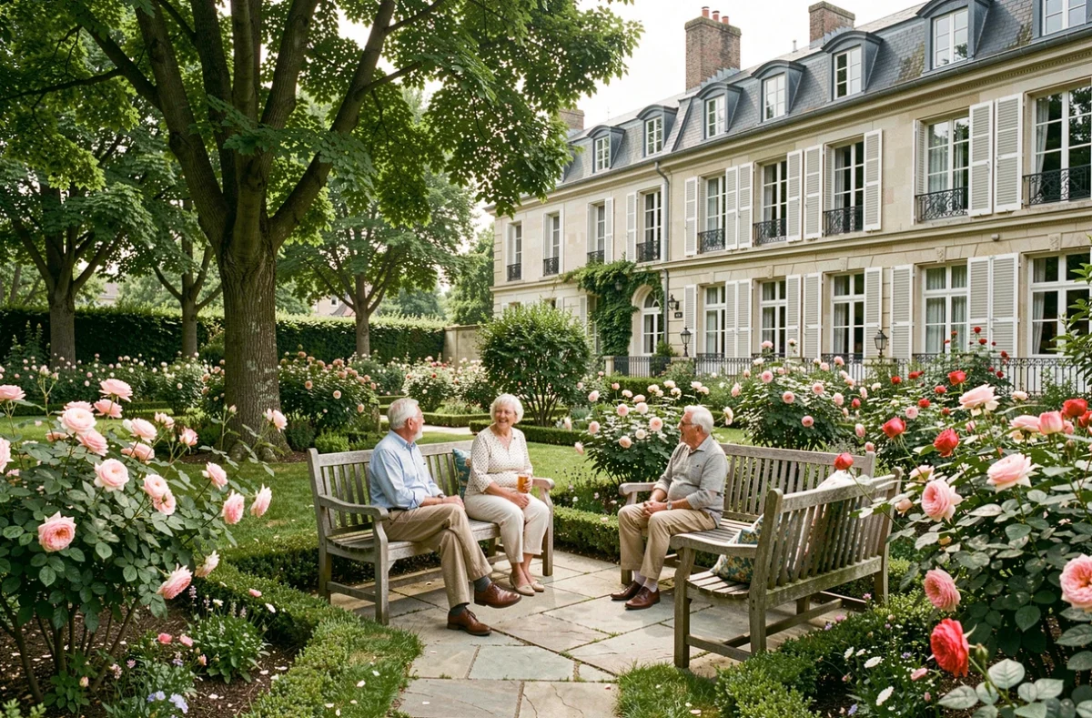 Jardin verdoyant de la résidence Le Coeur de Bagatelle Les Résidences Stella à Suresnes avec des résidents profitant du parc