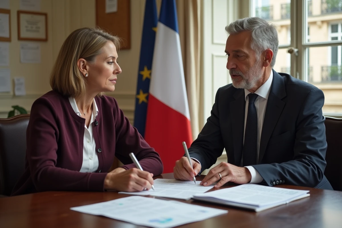 Deux collègues en fin de carrière comparant leurs droits à la retraite dans un bureau administratif, illustrant les différences entre secteur privé et fonction publique pour un salaire de 3000 euros