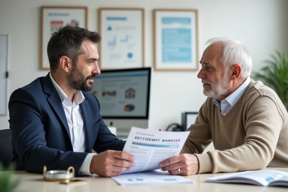 Conseiller social expliquant les aides financières disponibles pour la maison de retraite à un senior
