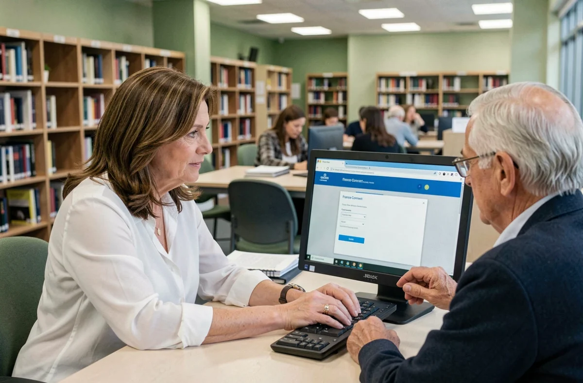 Conseillère aidant un senior à créer un compte Agirc Arrco via France Connect dans un espace public