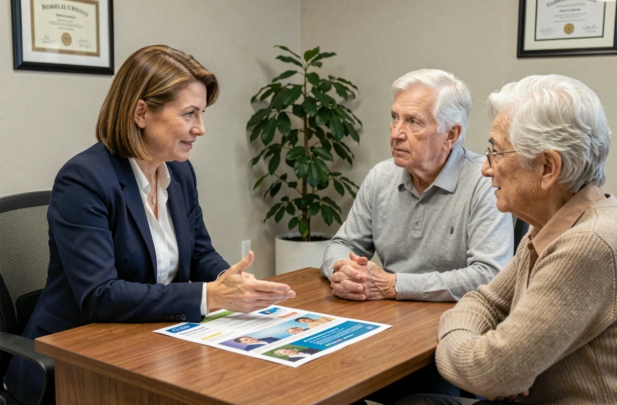 Conseillère en aide à domicile présentant un devis d'urgence à un couple de seniors après hospitalisation