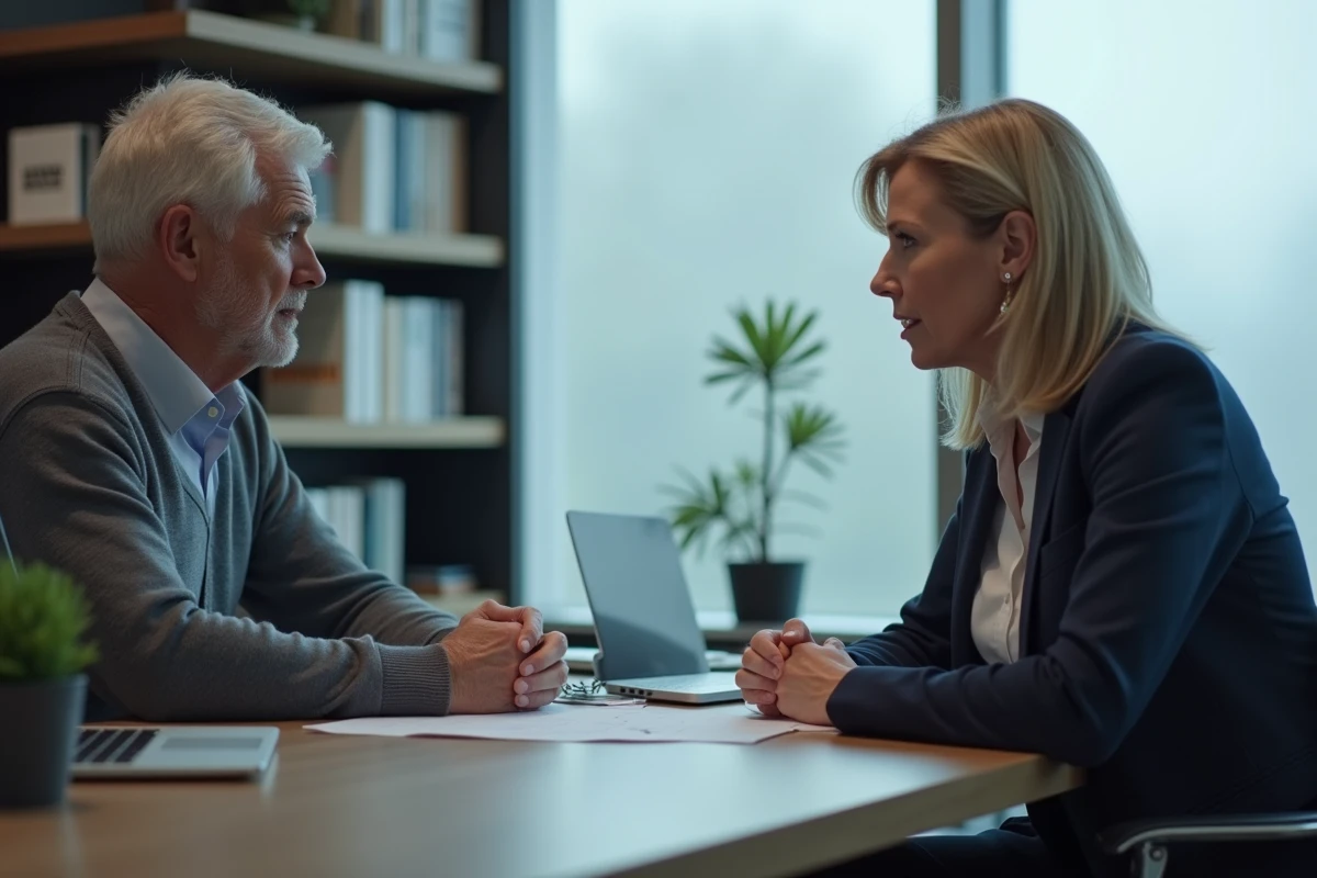 Conseillère en gestion de patrimoine discutant d'une stratégie de retraite et de succession avec un client senior dans un bureau moderne