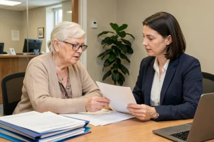 Une femme âgée et une conseillère en retraite examinent des documents administratifs dans un bureau, illustrant l'aide au départ en maison de retraite financée par les caisses de retraite