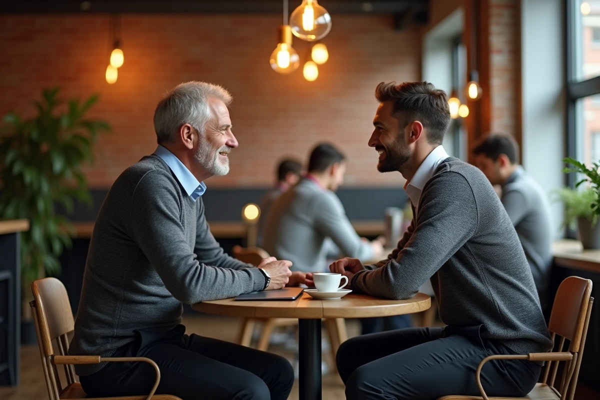 Consultant senior en séance de mentorat avec un jeune professionnel dans un espace de coworking moderne