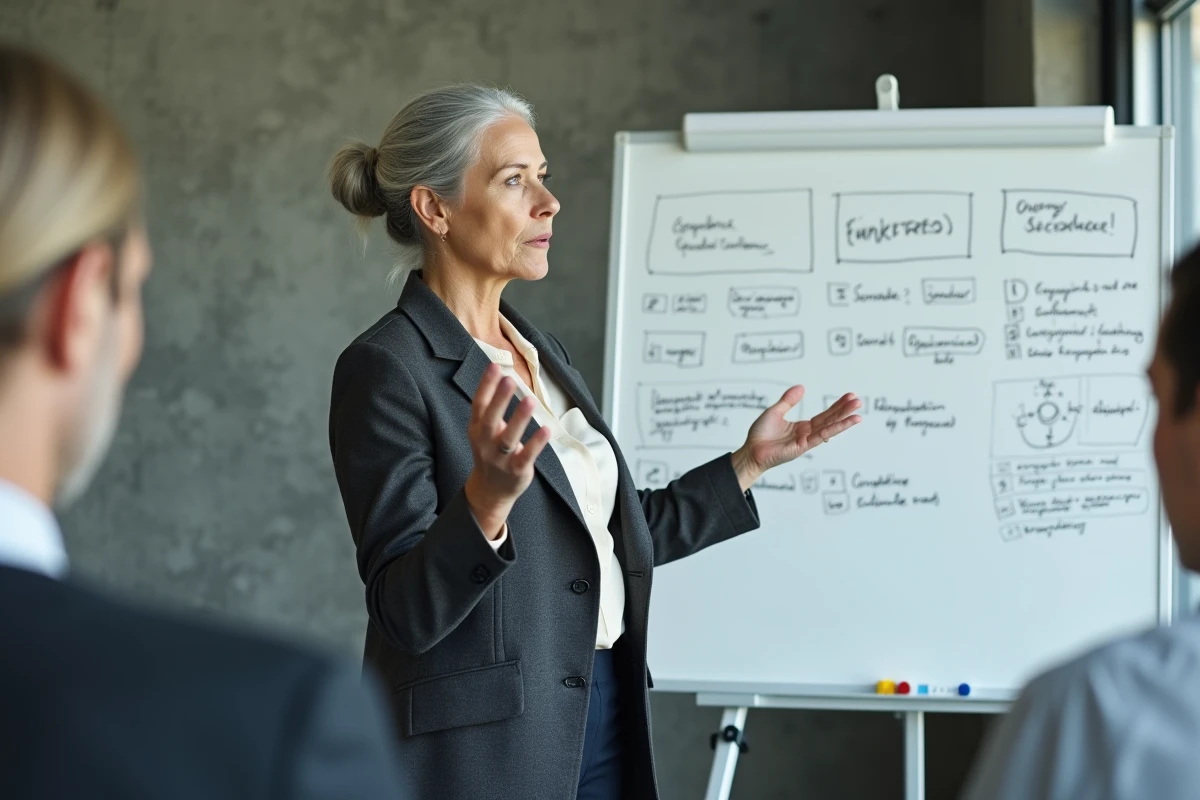 Consultante senior expérimentée animant un atelier de formation professionnelle pour dirigeants en entreprise