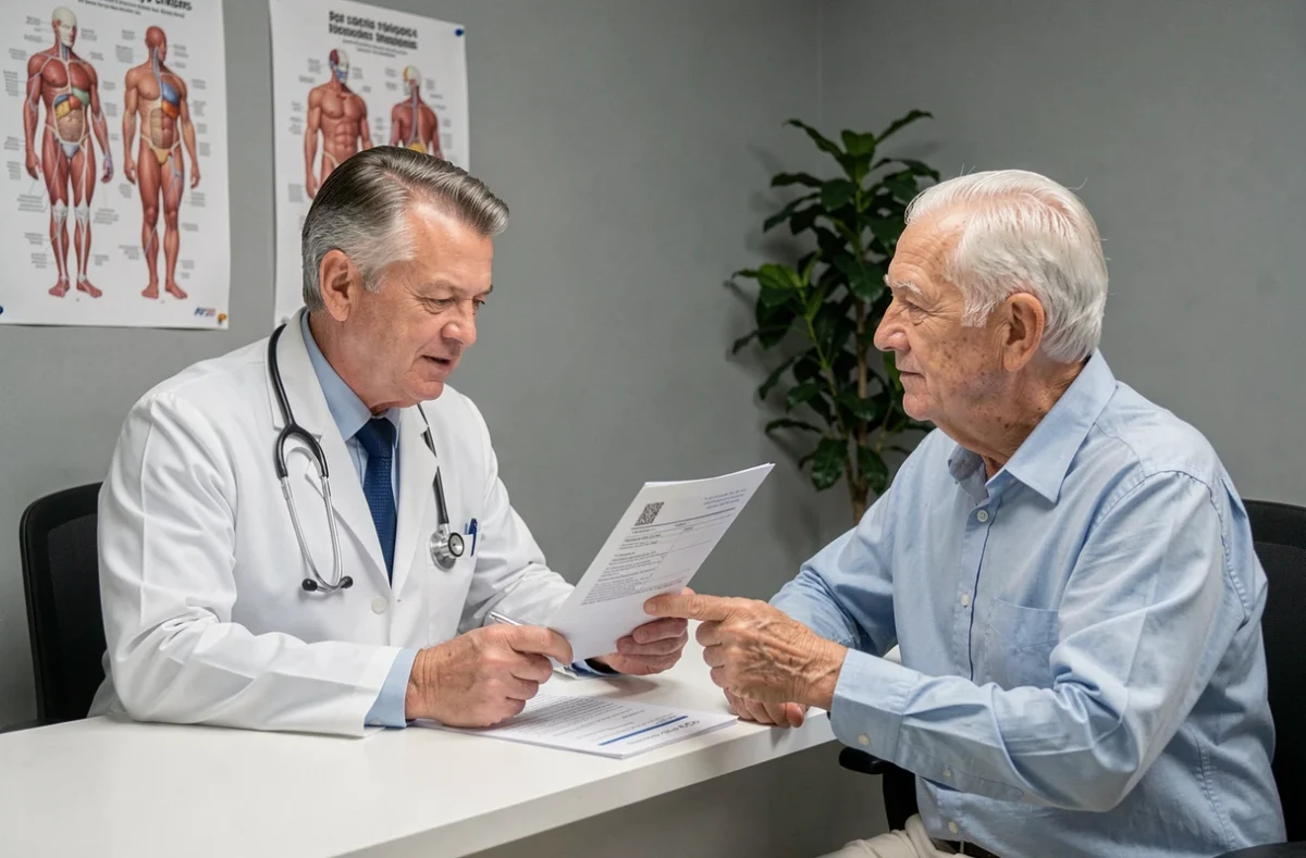 Médecin consultant un patient âgé sur un bilan sanguin de potassium lors d'une consultation médicale