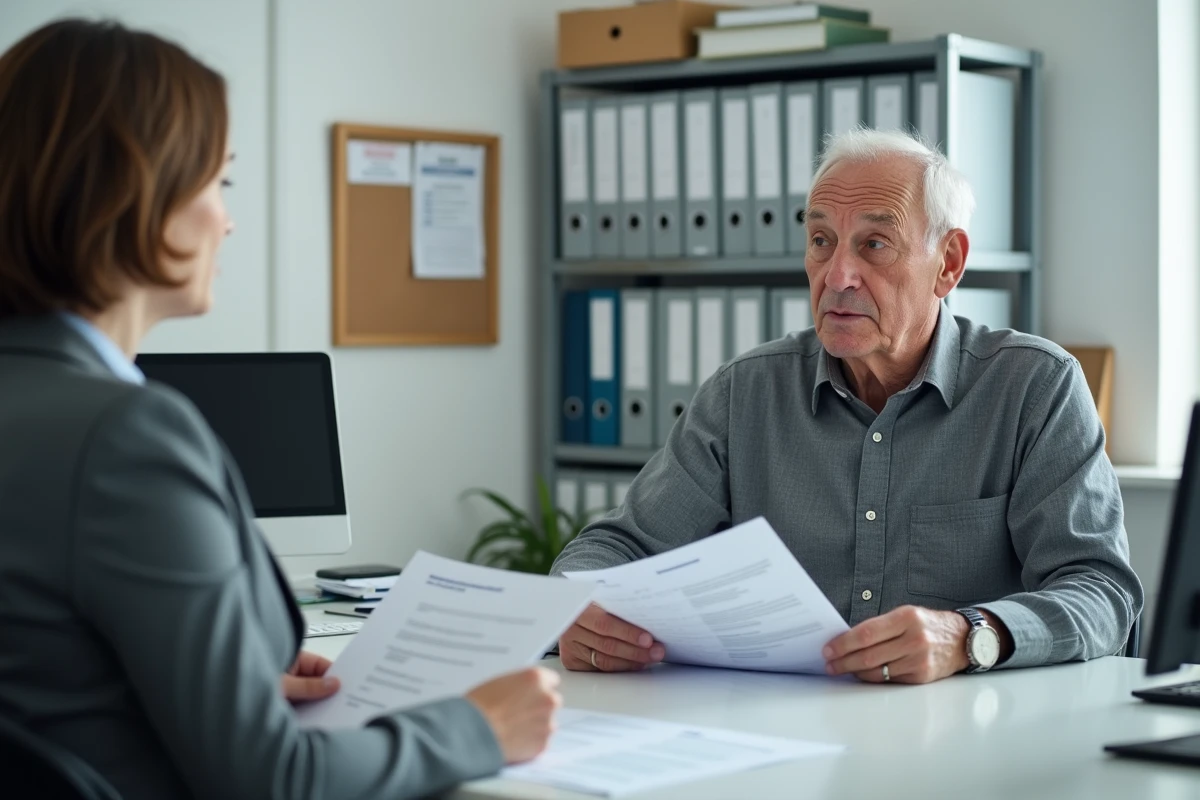 Retraité fonctionnaire en consultation avec une conseillère administrative pour le calcul de sa pension de réversion