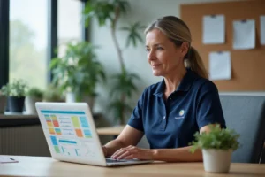 Coordinatrice d'un service d'aide à domicile utilisant un logiciel de planification sur ordinateur portable dans un bureau professionnel moderne