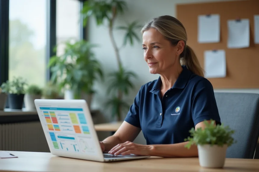 Coordinatrice d'un service d'aide à domicile utilisant un logiciel de planification sur ordinateur portable dans un bureau professionnel moderne