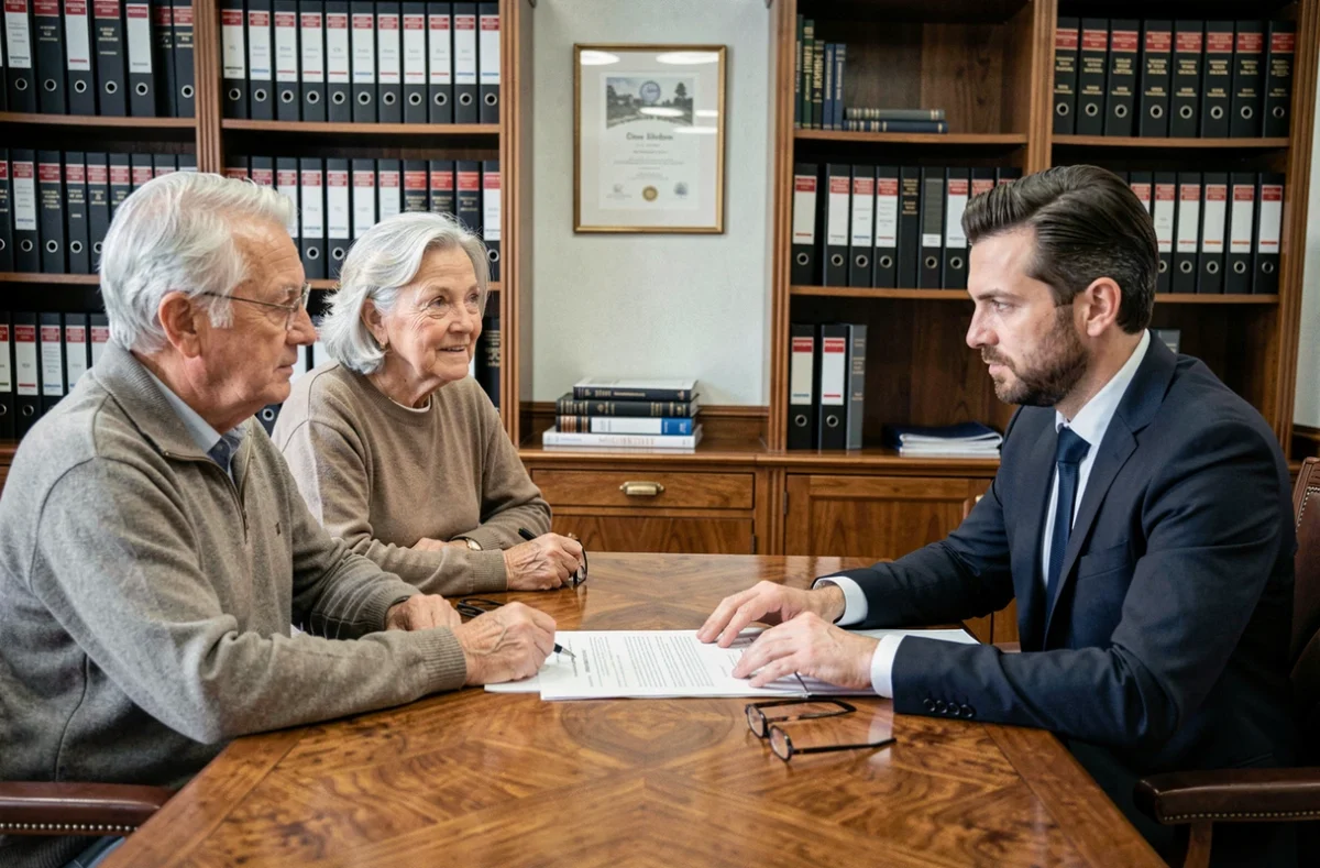 Un couple de personnes âgées consulte un notaire pour encadrer la donation légale de leur voiture, dans une étude notariale