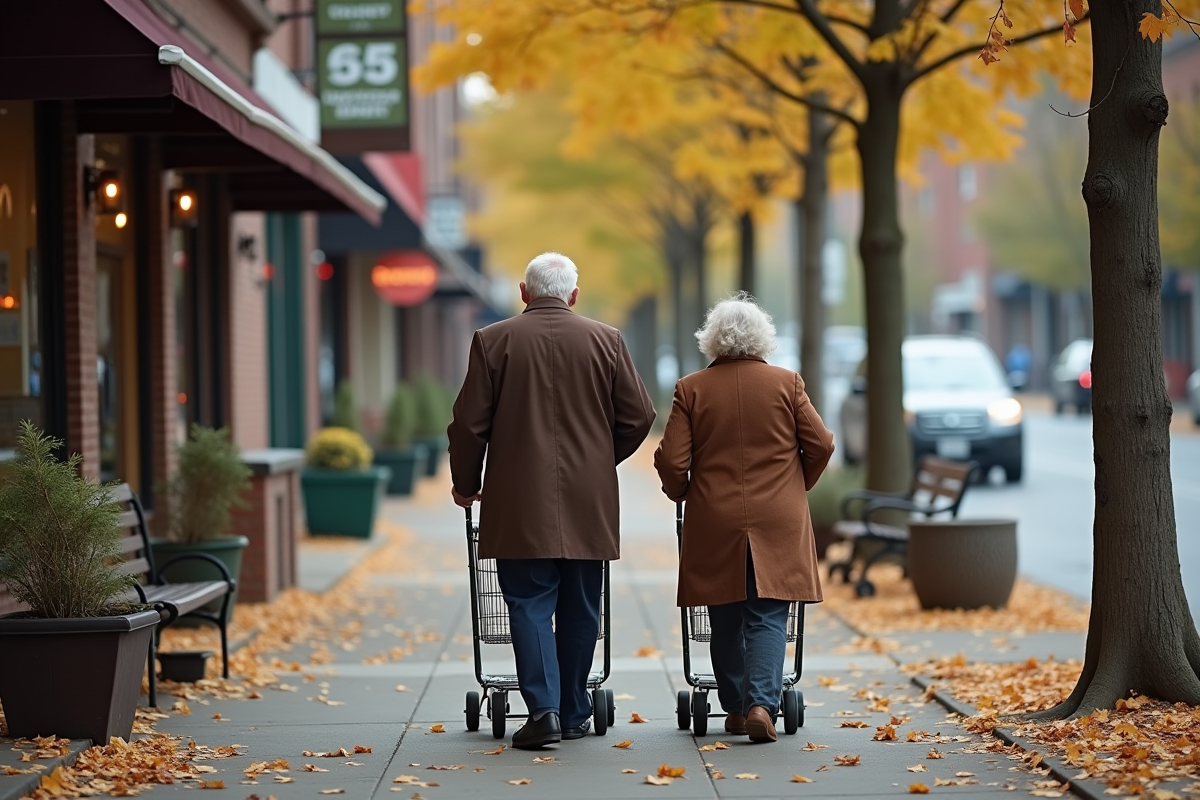 Couple âgé marchant dans la rue en automne