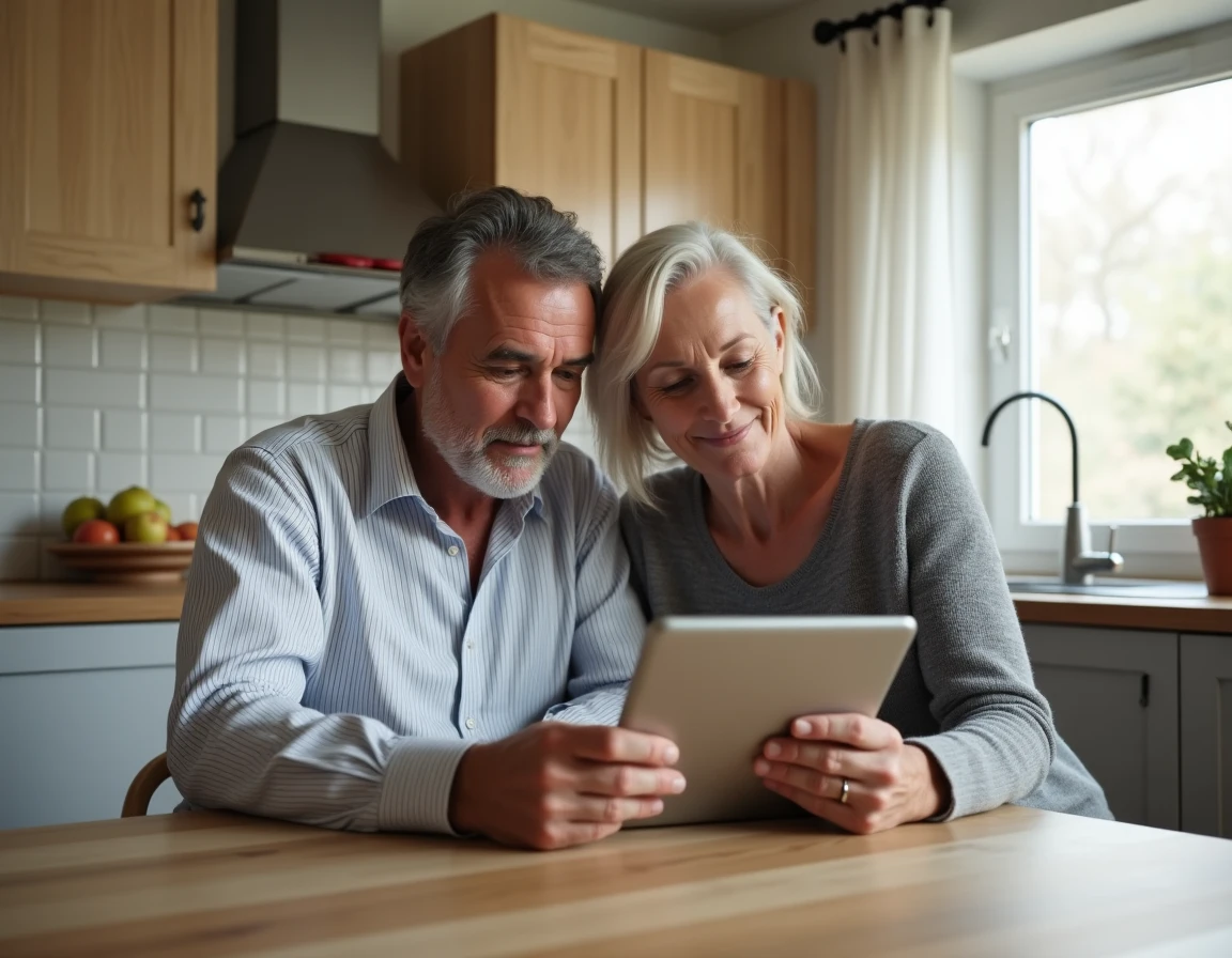 Couple de quinquagénaires consultant ensemble leurs droits retraite sur une tablette dans une cuisine moderne
