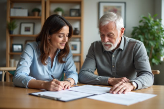 Couple d'adultes examinant des documents dans un salon lumineux