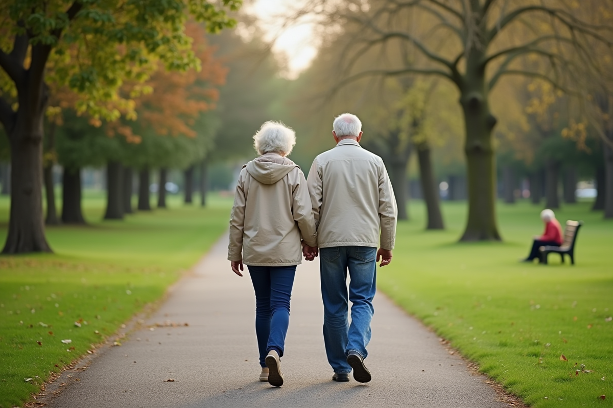 Couple retraité marche dans un parc verdoyant