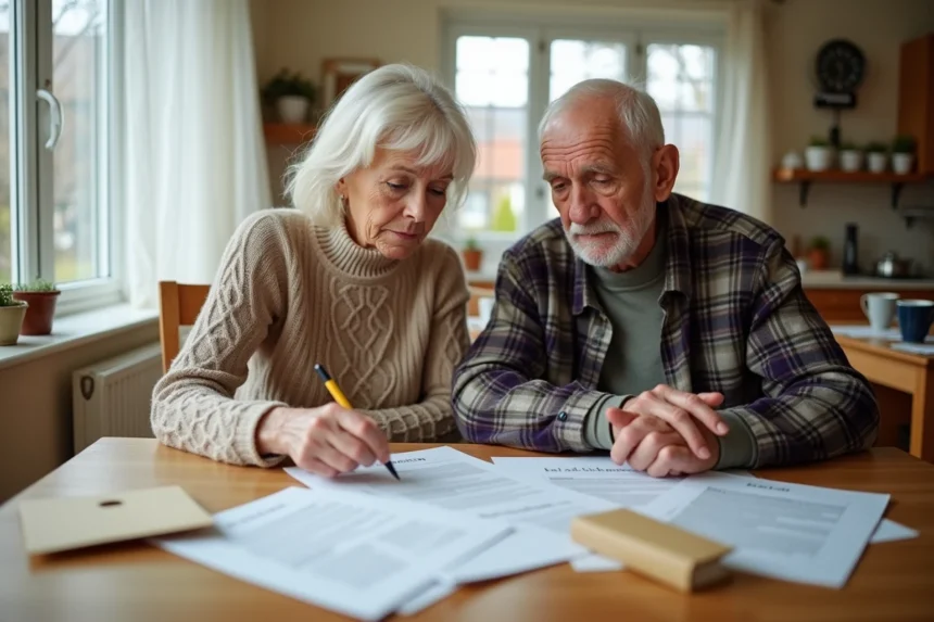 Couple de retraités examinant leurs relevés de pension à la table de cuisine avec des documents administratifs, illustrant une baisse de retraite en février 2026