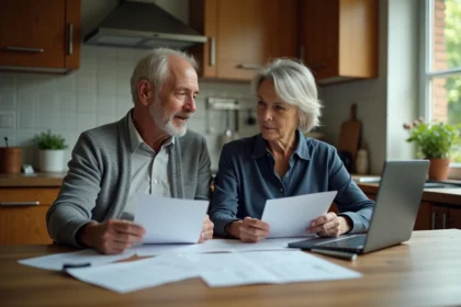 Couple de retraités comparant leurs avantages et documents de retraite à la table de cuisine