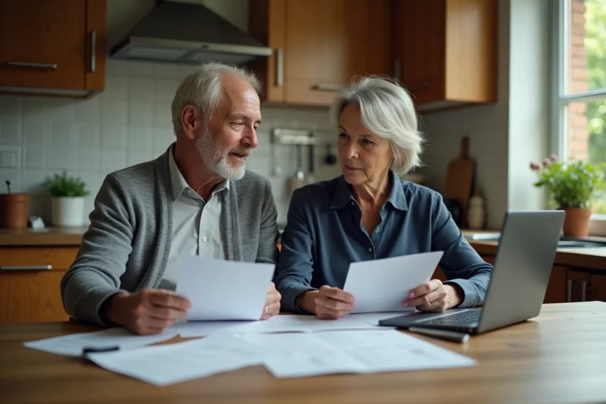 Couple de retraités comparant leurs avantages et documents de retraite à la table de cuisine